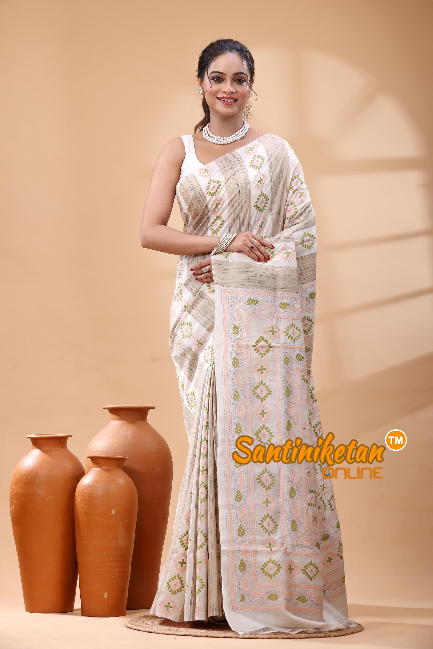 Bishnupuri (Katan) Silk Kantha Stitch Saree