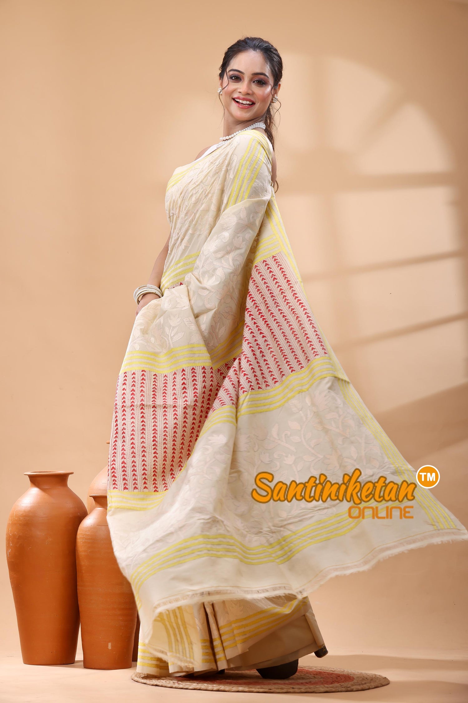 Tussar Silk Kantha Stitch Saree