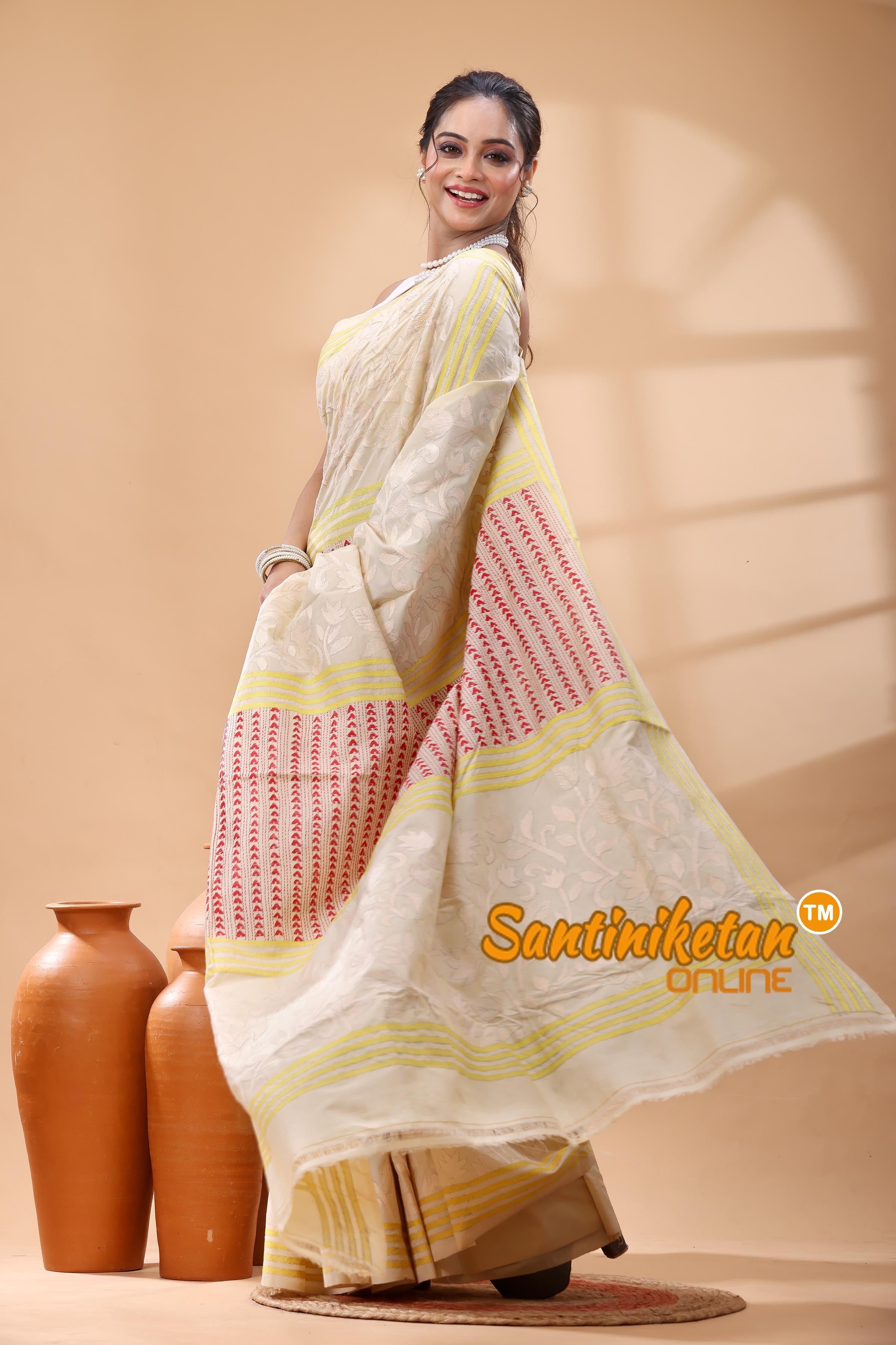 Tussar Silk Kantha Stitch Saree
