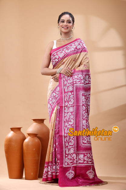 Pure Dye Tussar Silk Kantha Stitch Saree