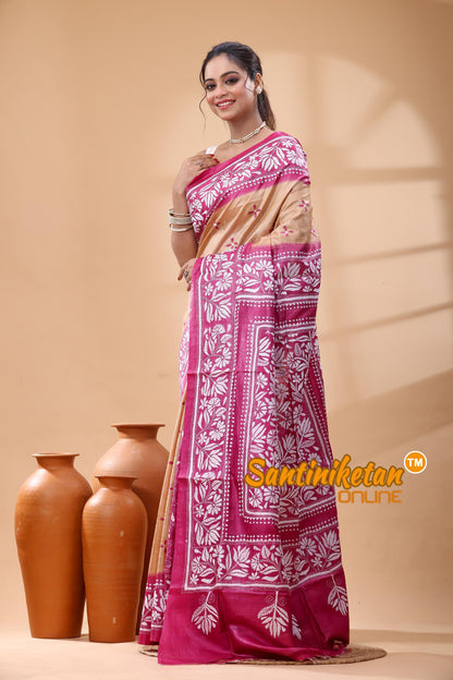 Pure Dye Tussar Silk Kantha Stitch Saree