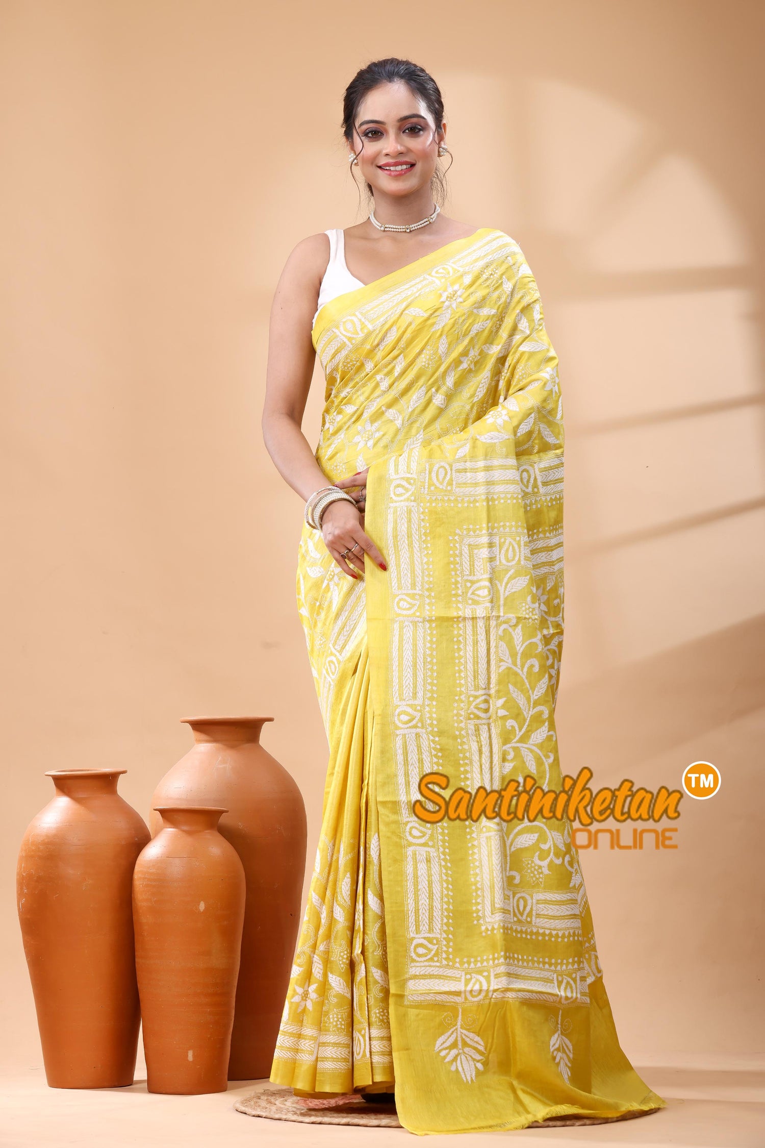 Pure Dye Tussar Silk Kantha Stitch Saree