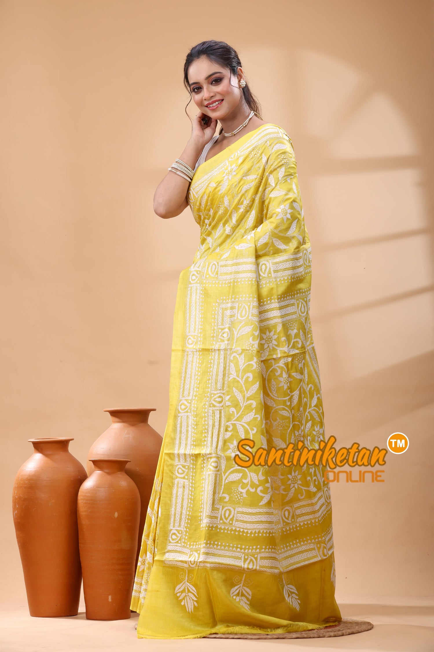 Pure Dye Tussar Silk Kantha Stitch Saree