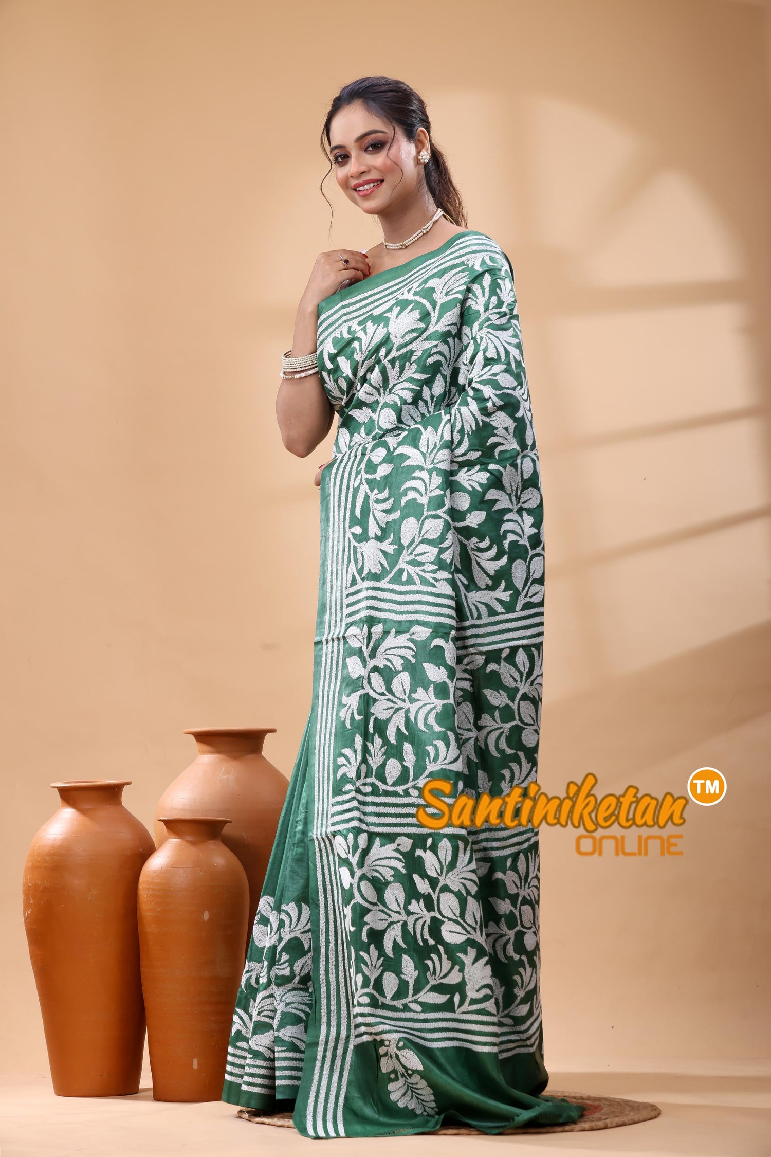 Pure Dye Tussar Silk Kantha Stitch Saree