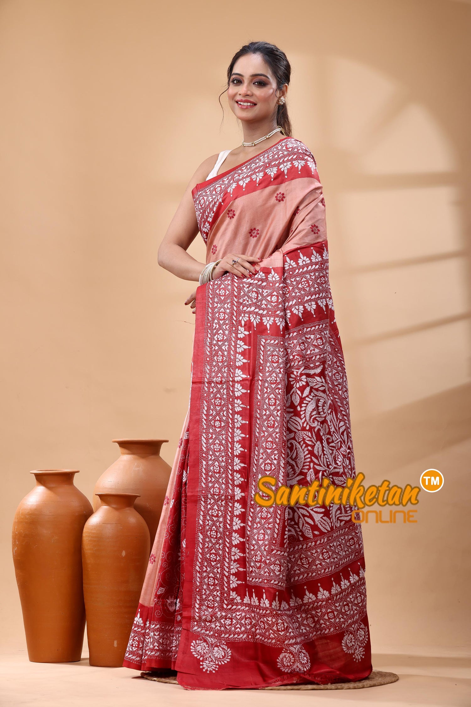 Pure Dye Tussar Silk Kantha Stitch Saree