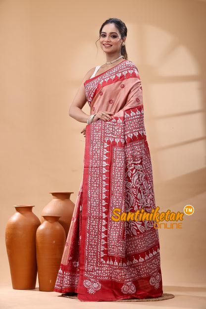 Pure Dye Tussar Silk Kantha Stitch Saree