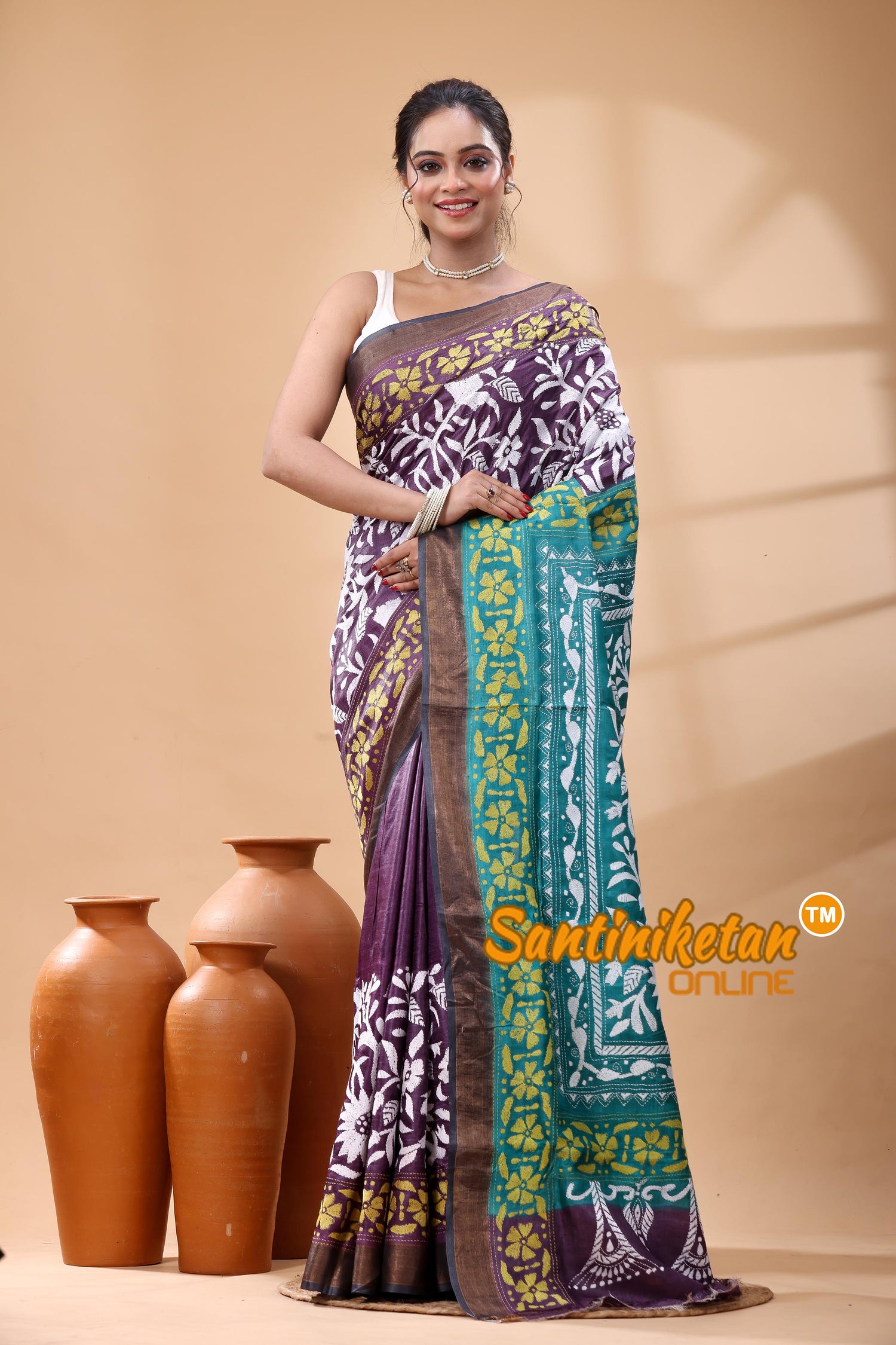 Pure Dye Tussar Silk Zari Border Kantha Stitch Saree