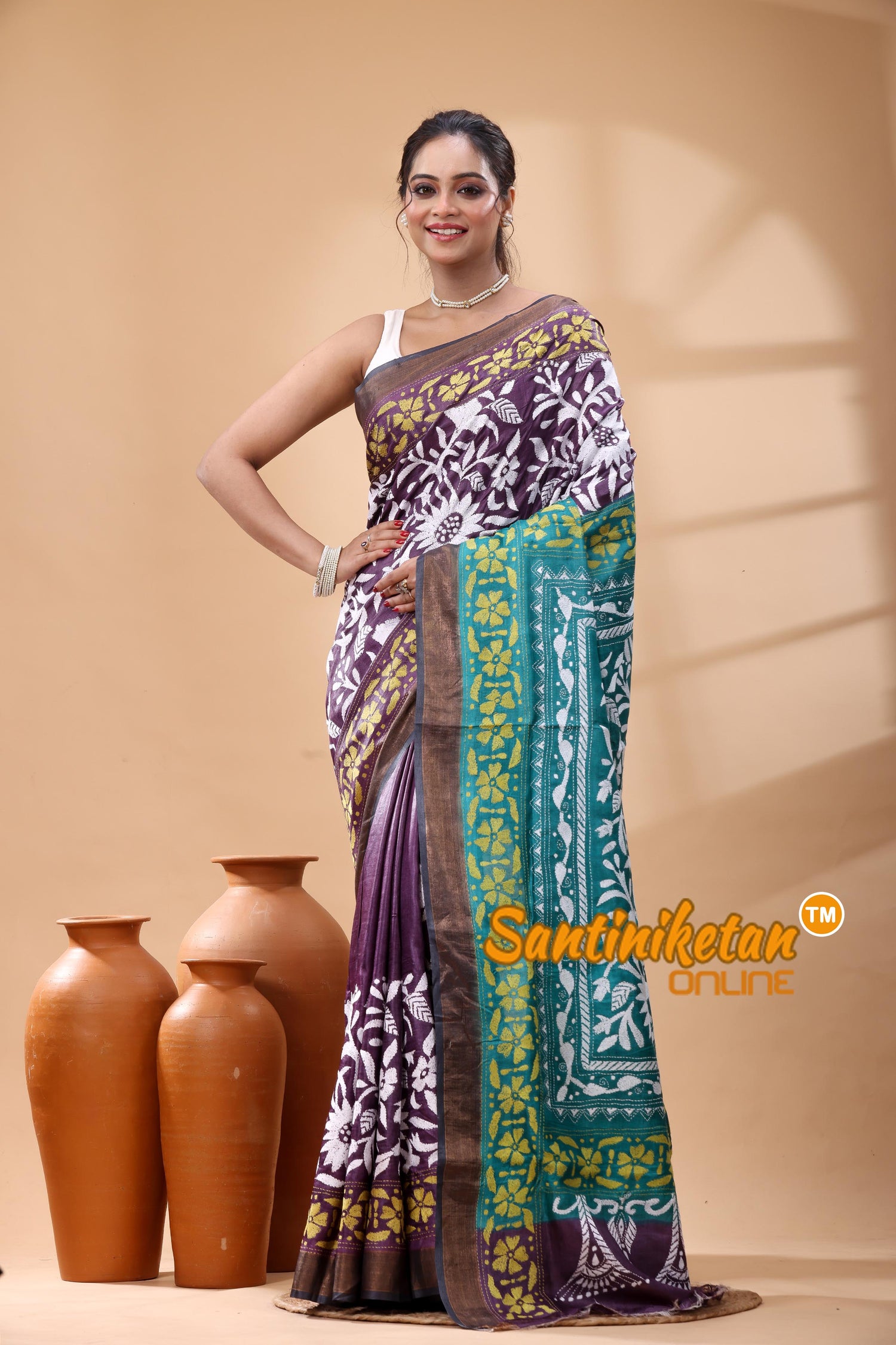 Pure Dye Tussar Silk Zari Border Kantha Stitch Saree