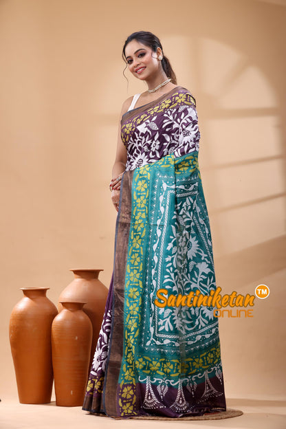 Pure Dye Tussar Silk Zari Border Kantha Stitch Saree
