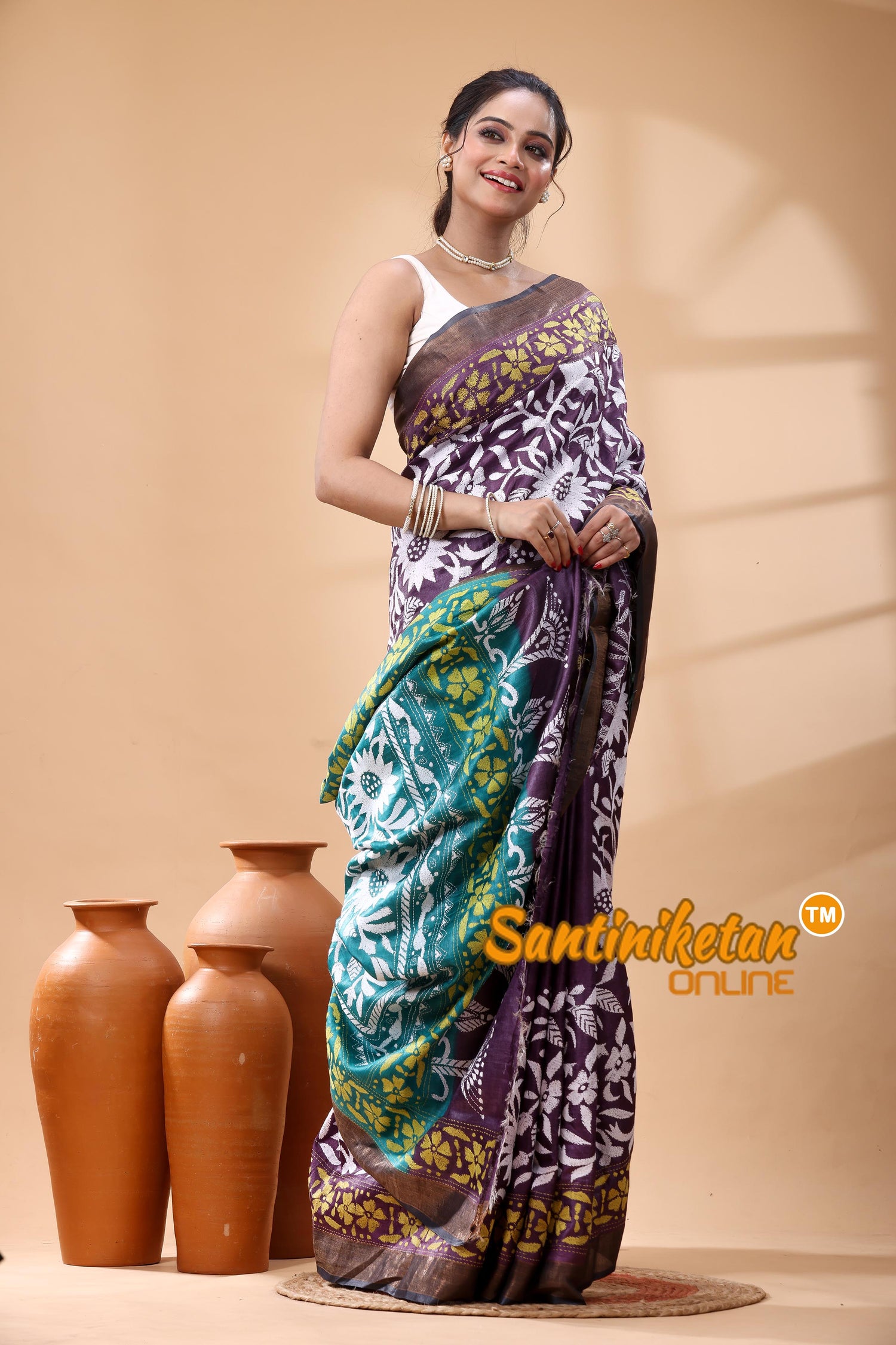 Pure Dye Tussar Silk Zari Border Kantha Stitch Saree