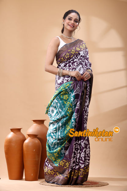 Pure Dye Tussar Silk Zari Border Kantha Stitch Saree