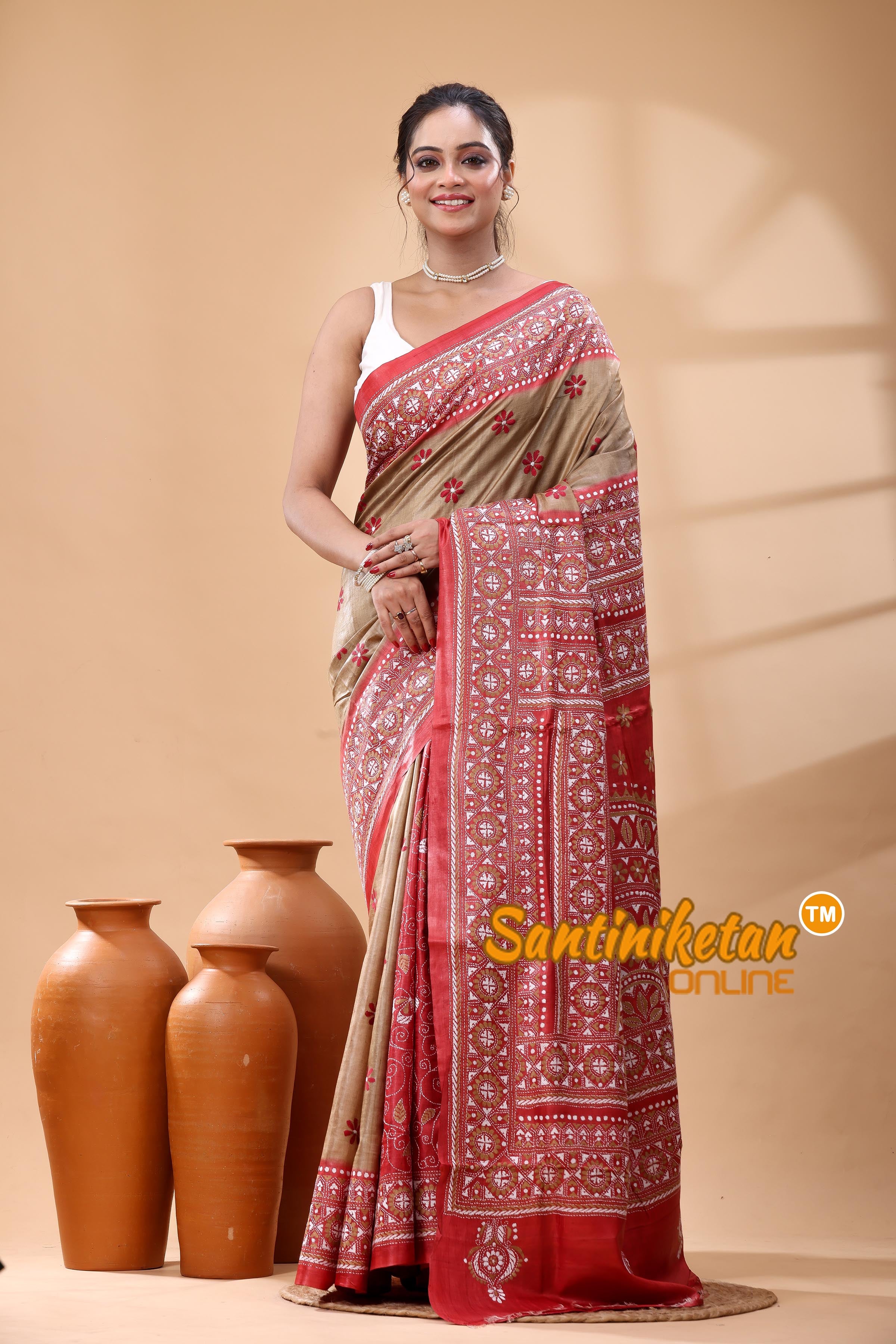 Pure Dye Tussar Silk Kantha Stitch Saree