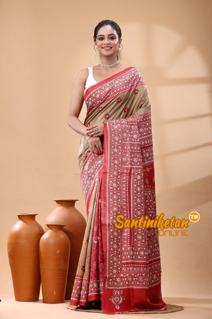 Pure Dye Tussar Silk Kantha Stitch Saree