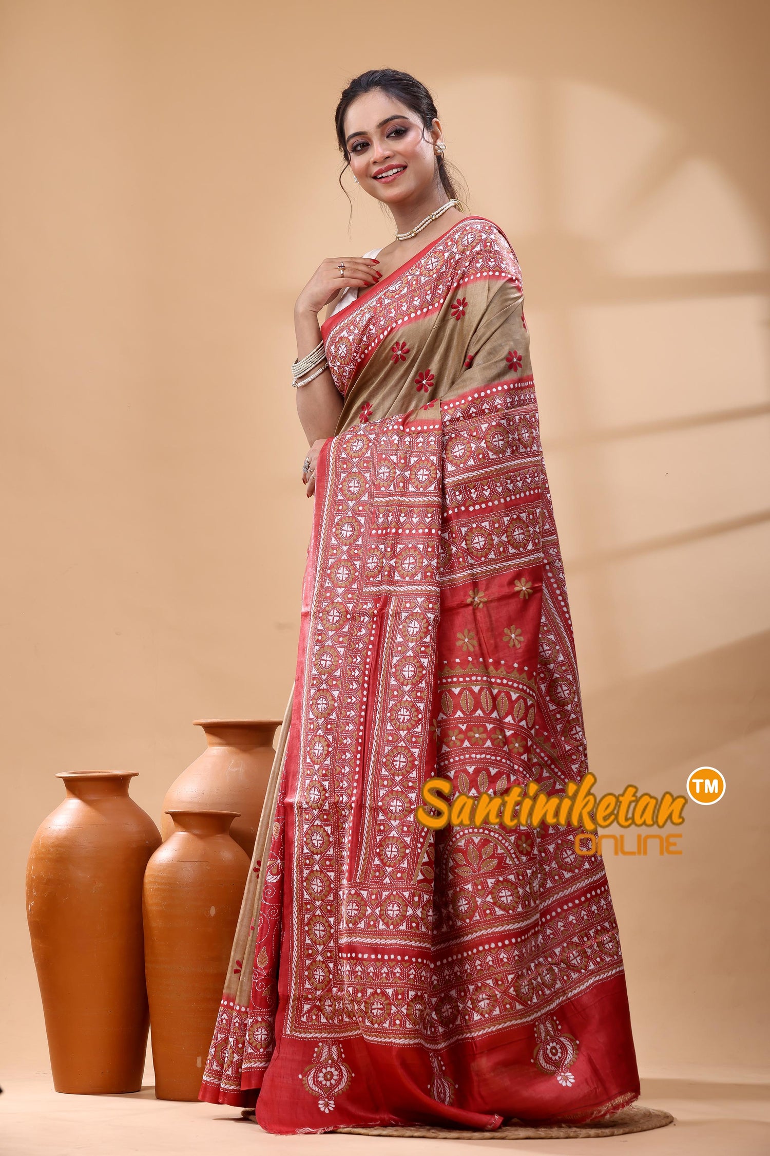Pure Dye Tussar Silk Kantha Stitch Saree