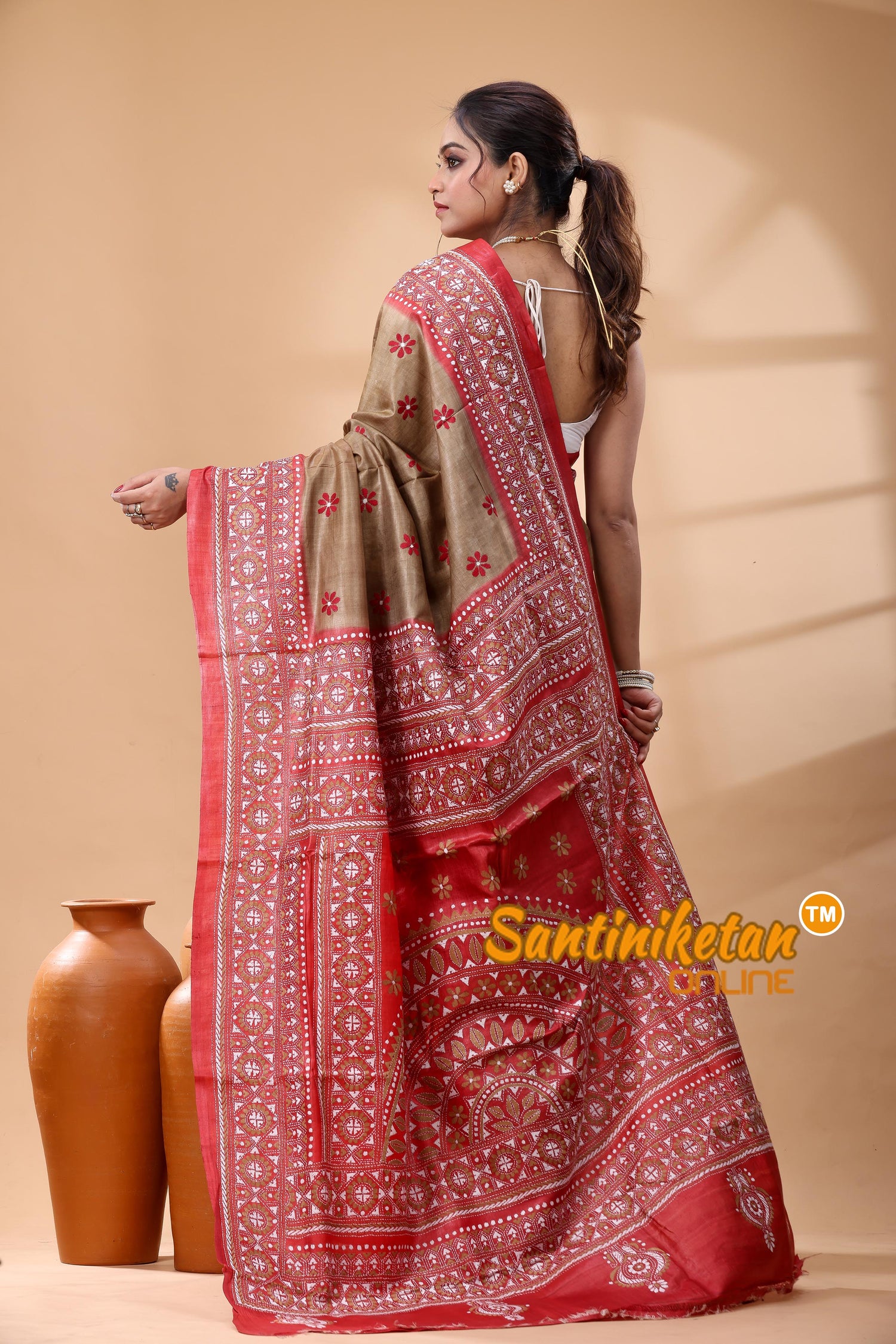 Pure Dye Tussar Silk Kantha Stitch Saree