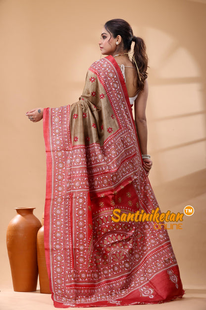 Pure Dye Tussar Silk Kantha Stitch Saree