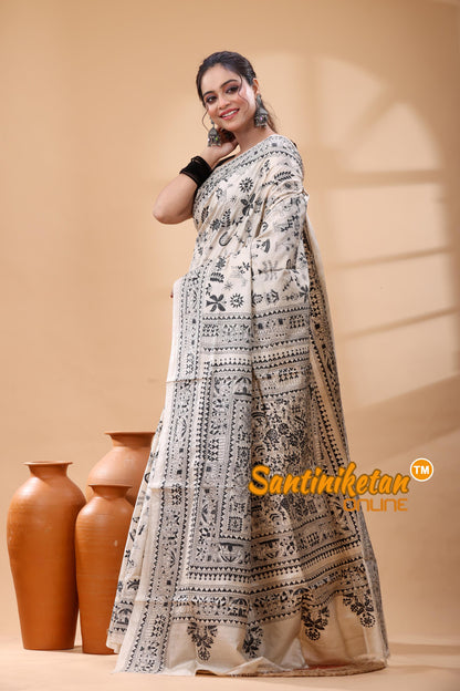 Pure Gachi Tussar Silk Kantha Stitch Saree