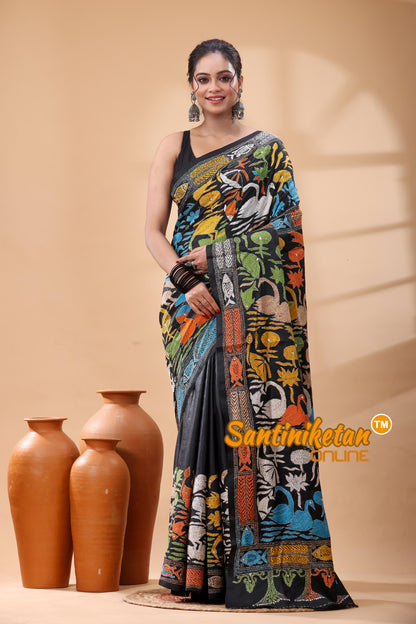 Pure Bangalore Silk Kantha Stitch Saree