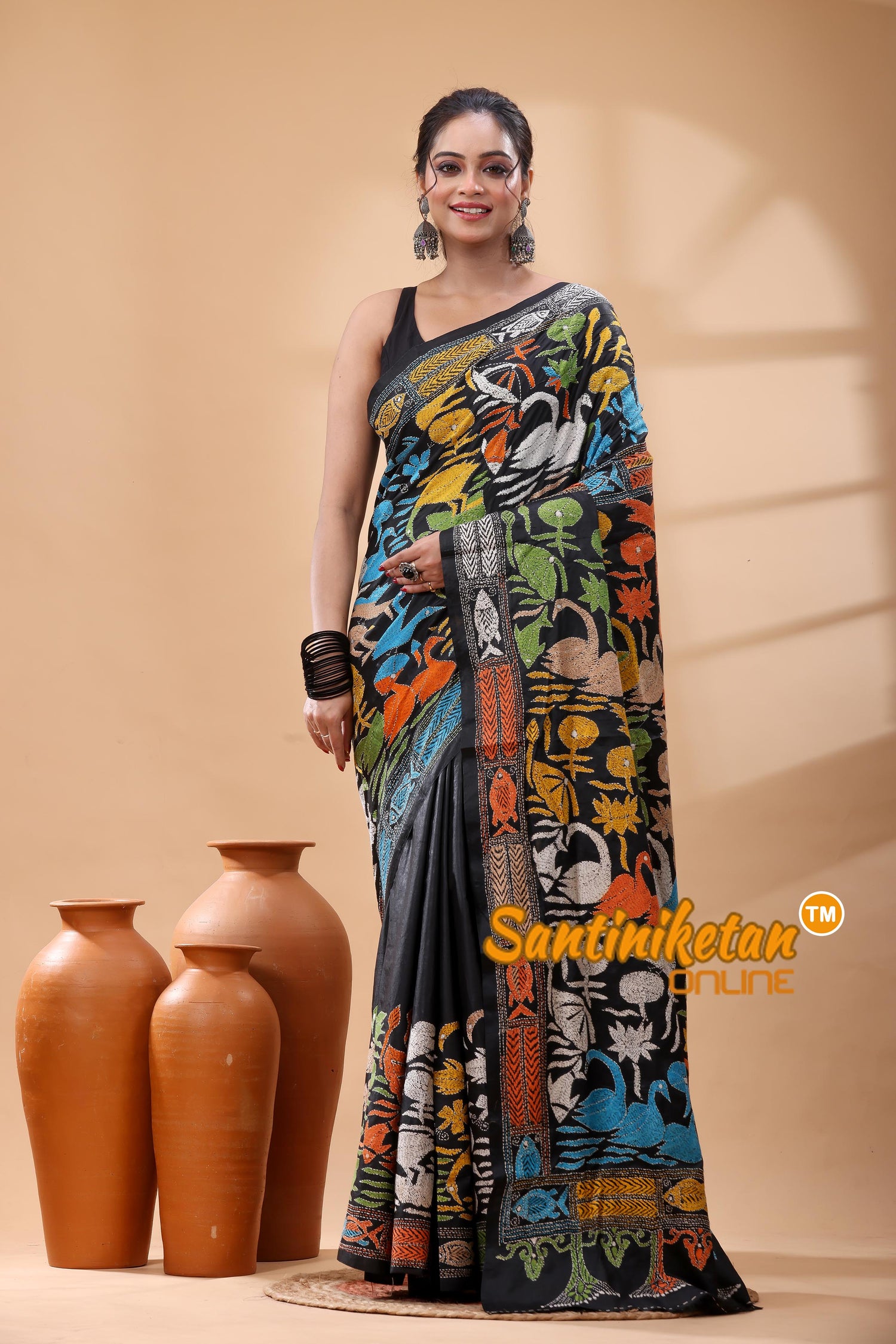 Pure Bangalore Silk Kantha Stitch Saree