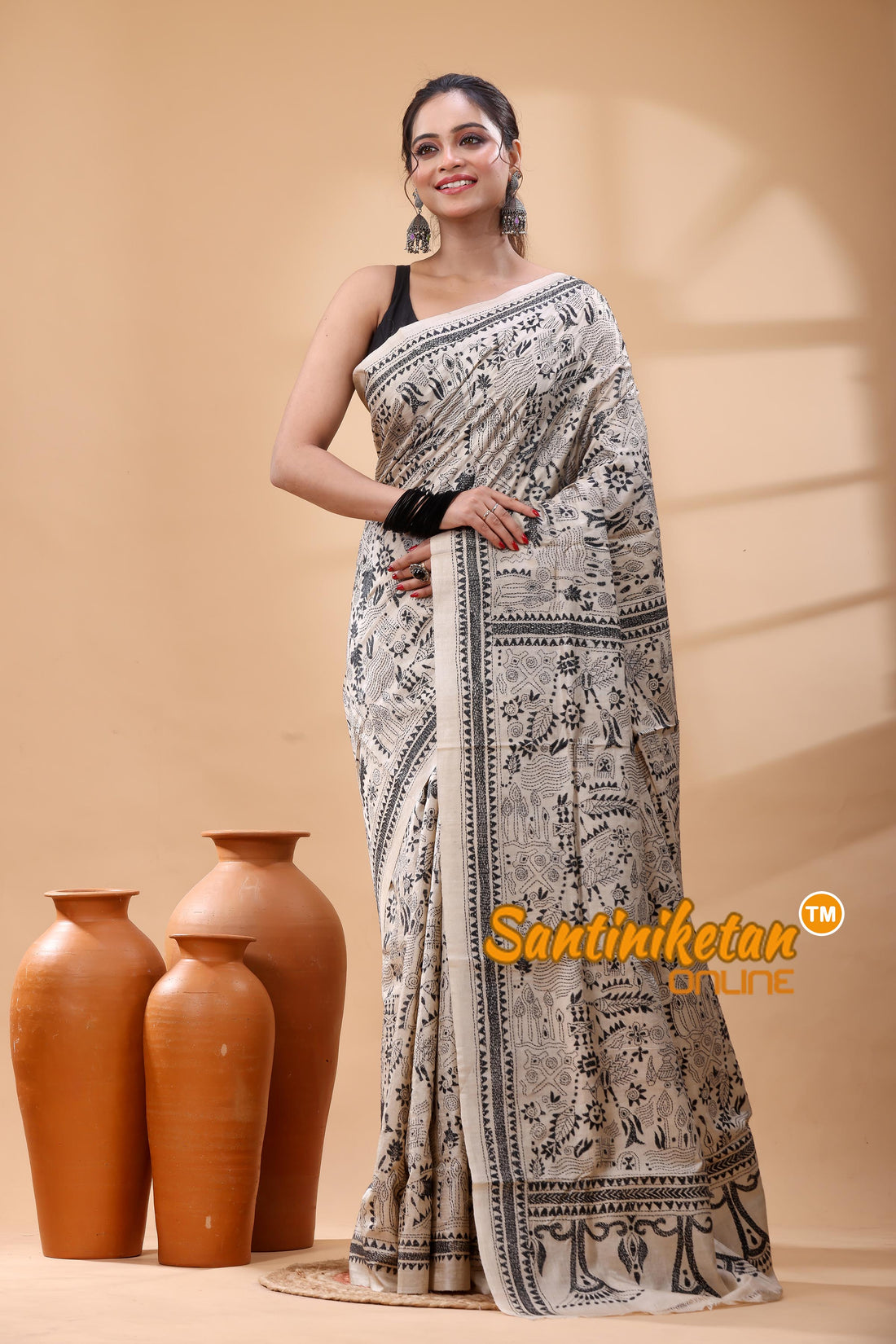 Pure Gachi Tussar Silk Kantha Stitch Saree