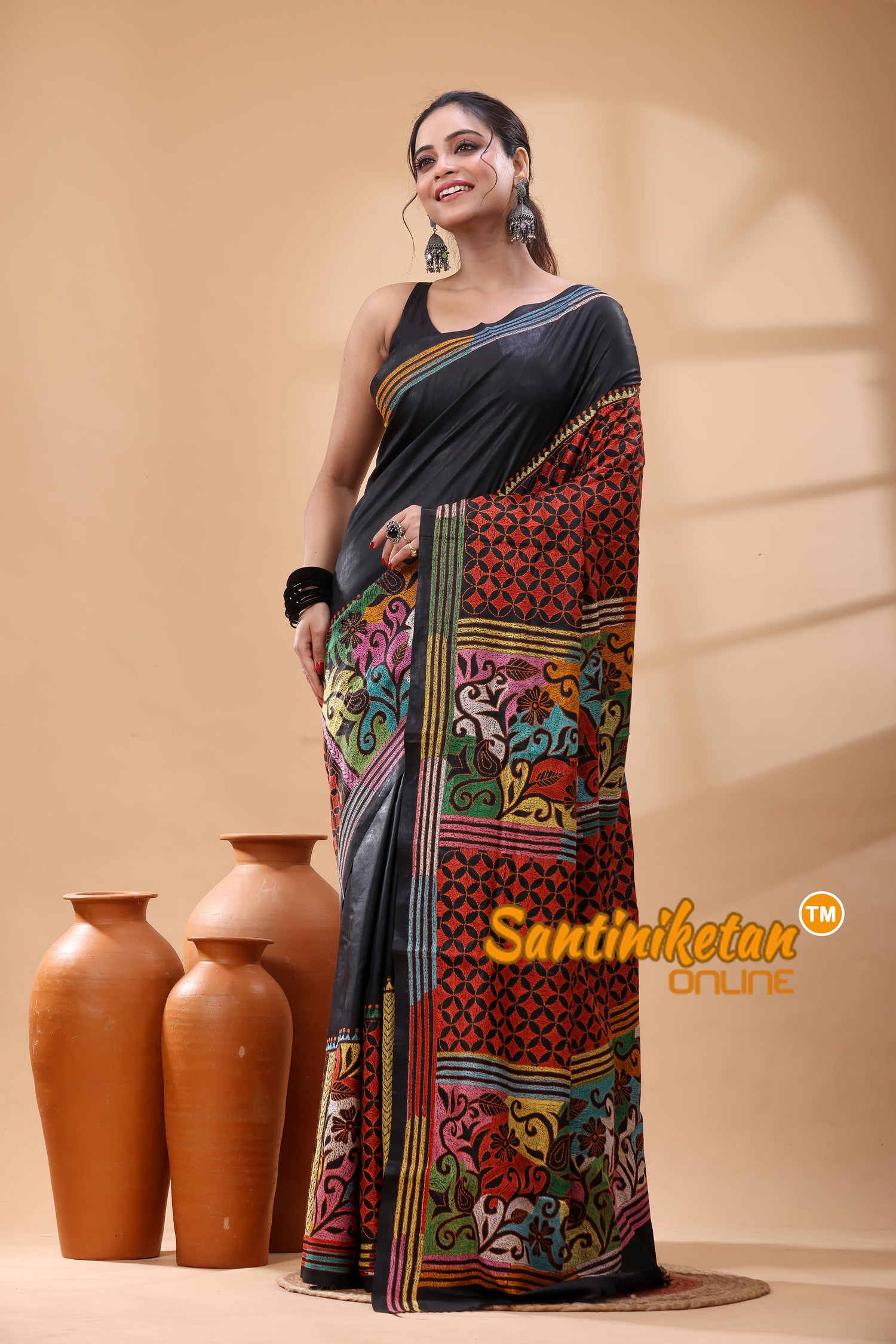 Pure Bangalore Silk Kantha Stitch Saree