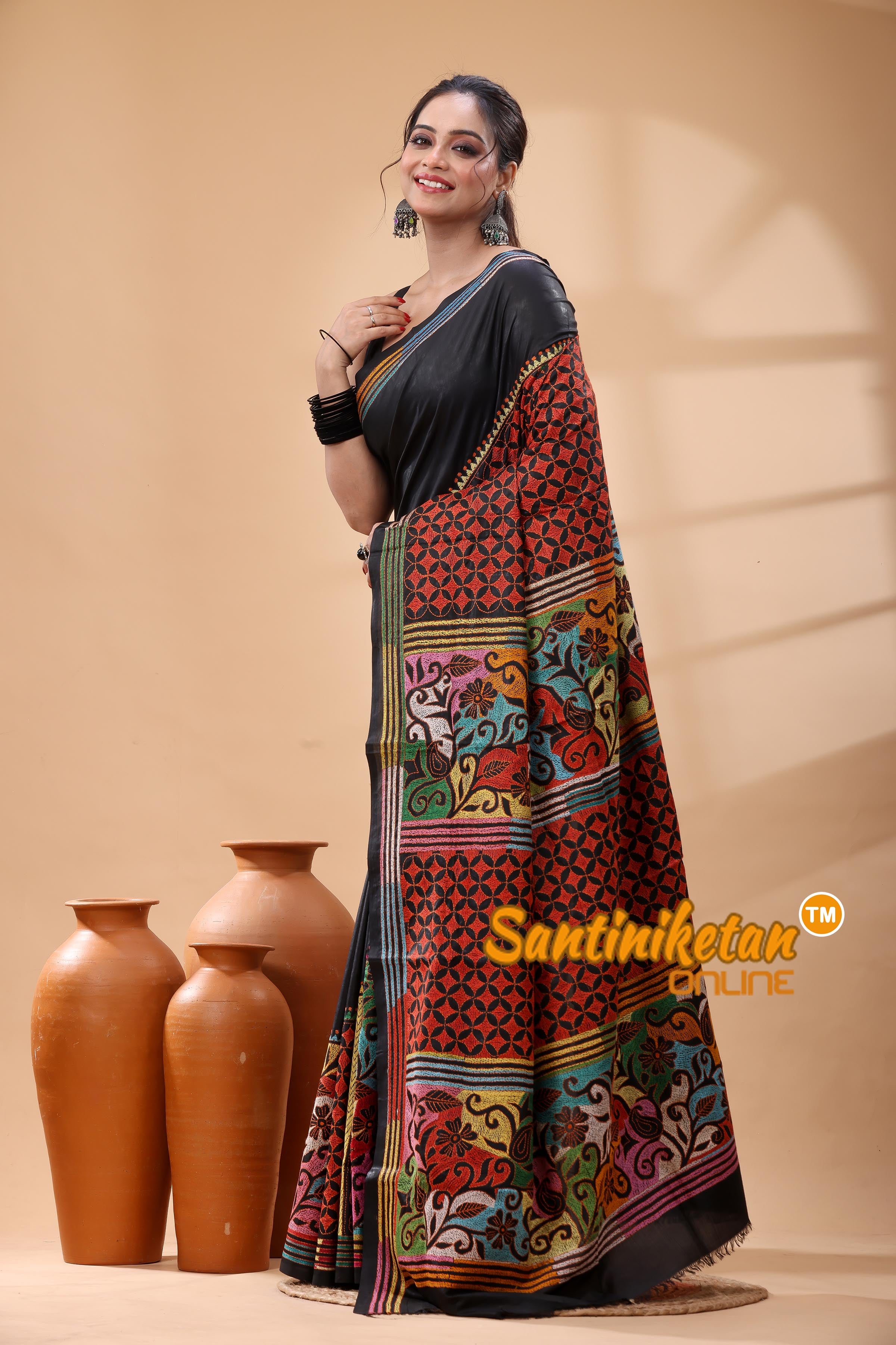 Pure Bangalore Silk Kantha Stitch Saree