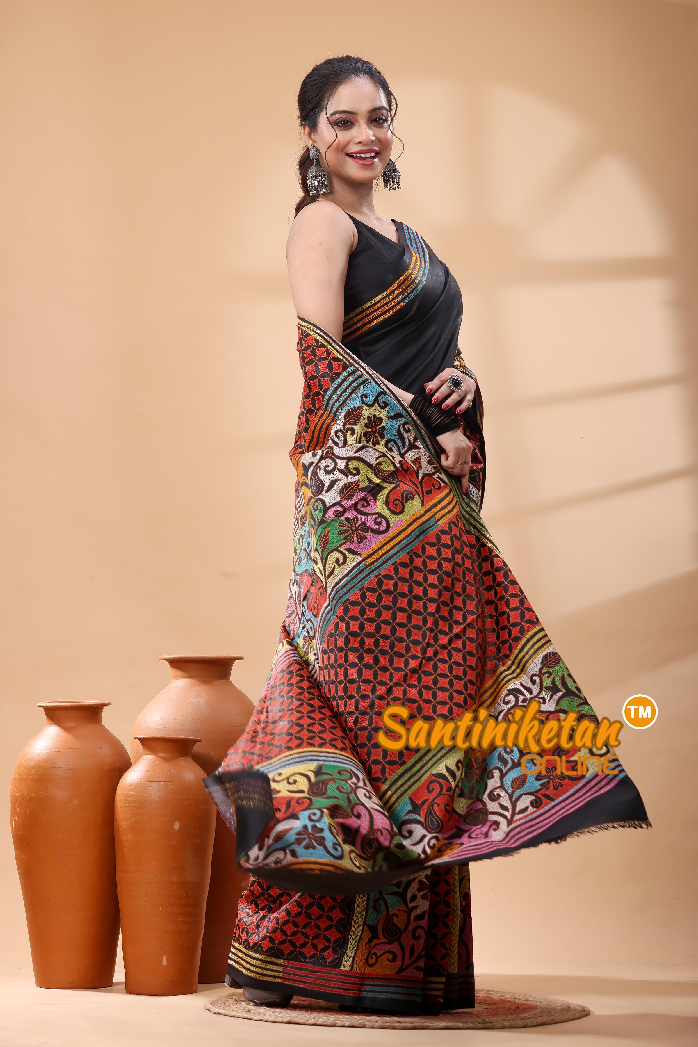 Pure Bangalore Silk Kantha Stitch Saree