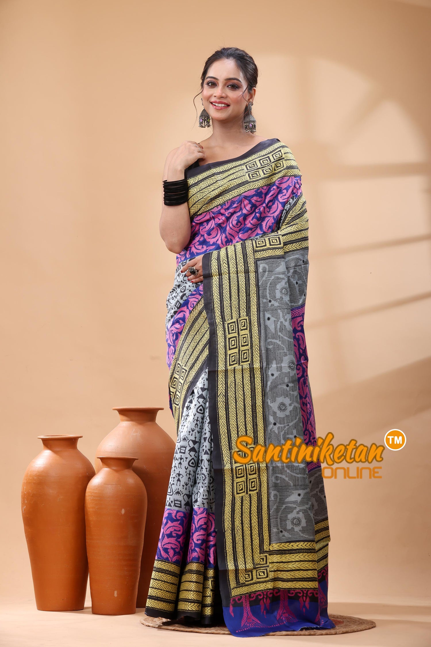 Pure Bangalore Silk Kantha Stitch Saree