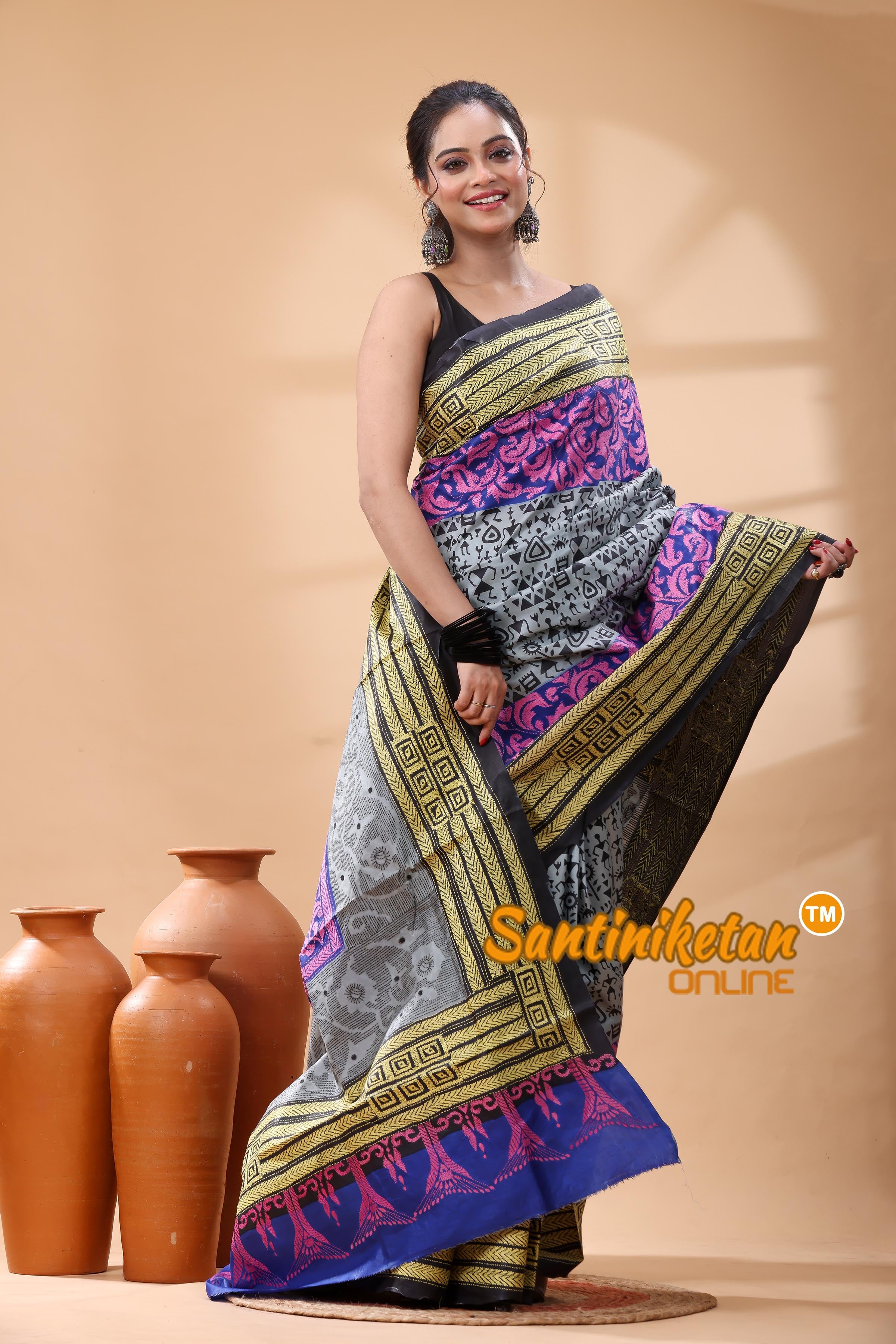 Pure Bangalore Silk Kantha Stitch Saree