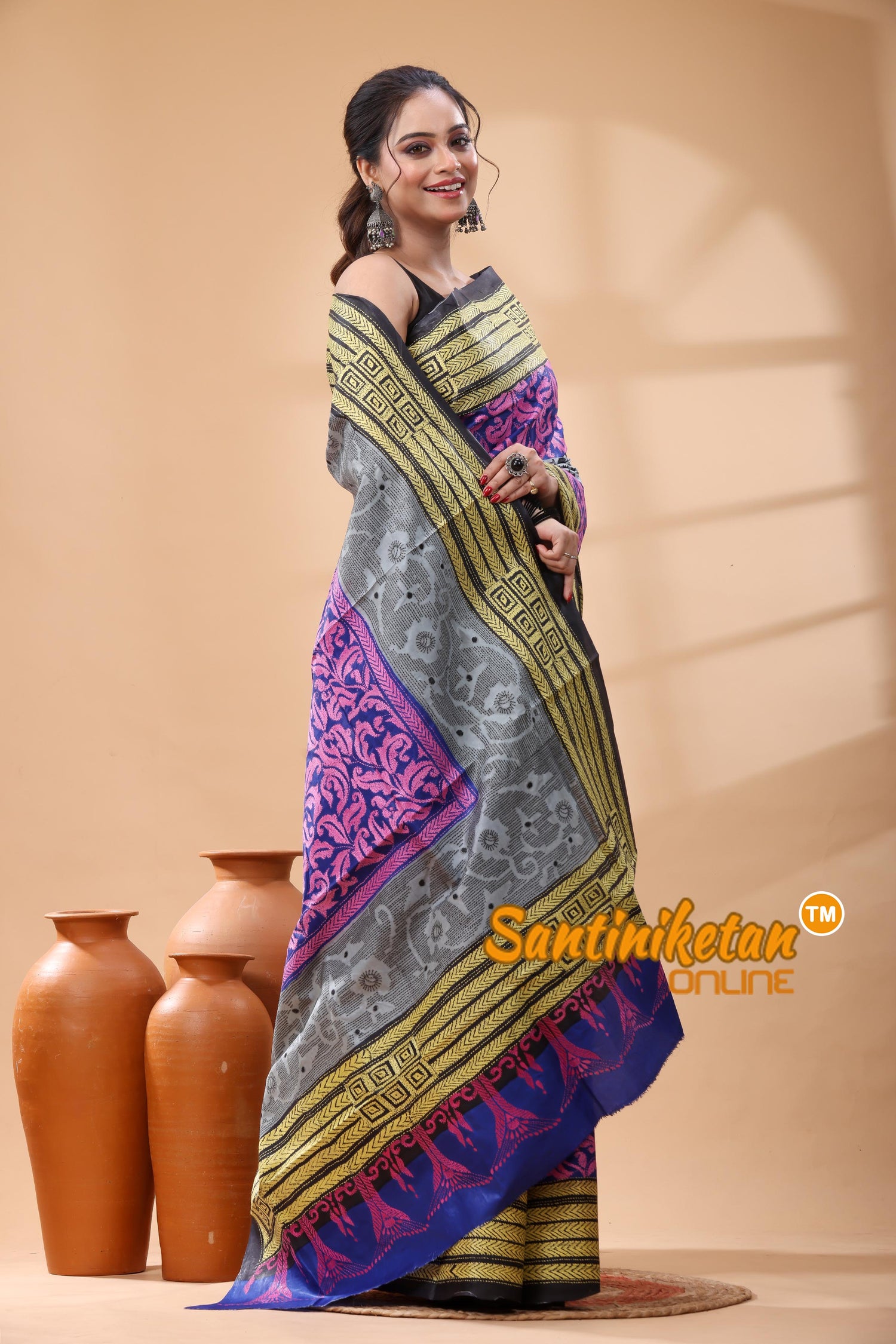 Pure Bangalore Silk Kantha Stitch Saree