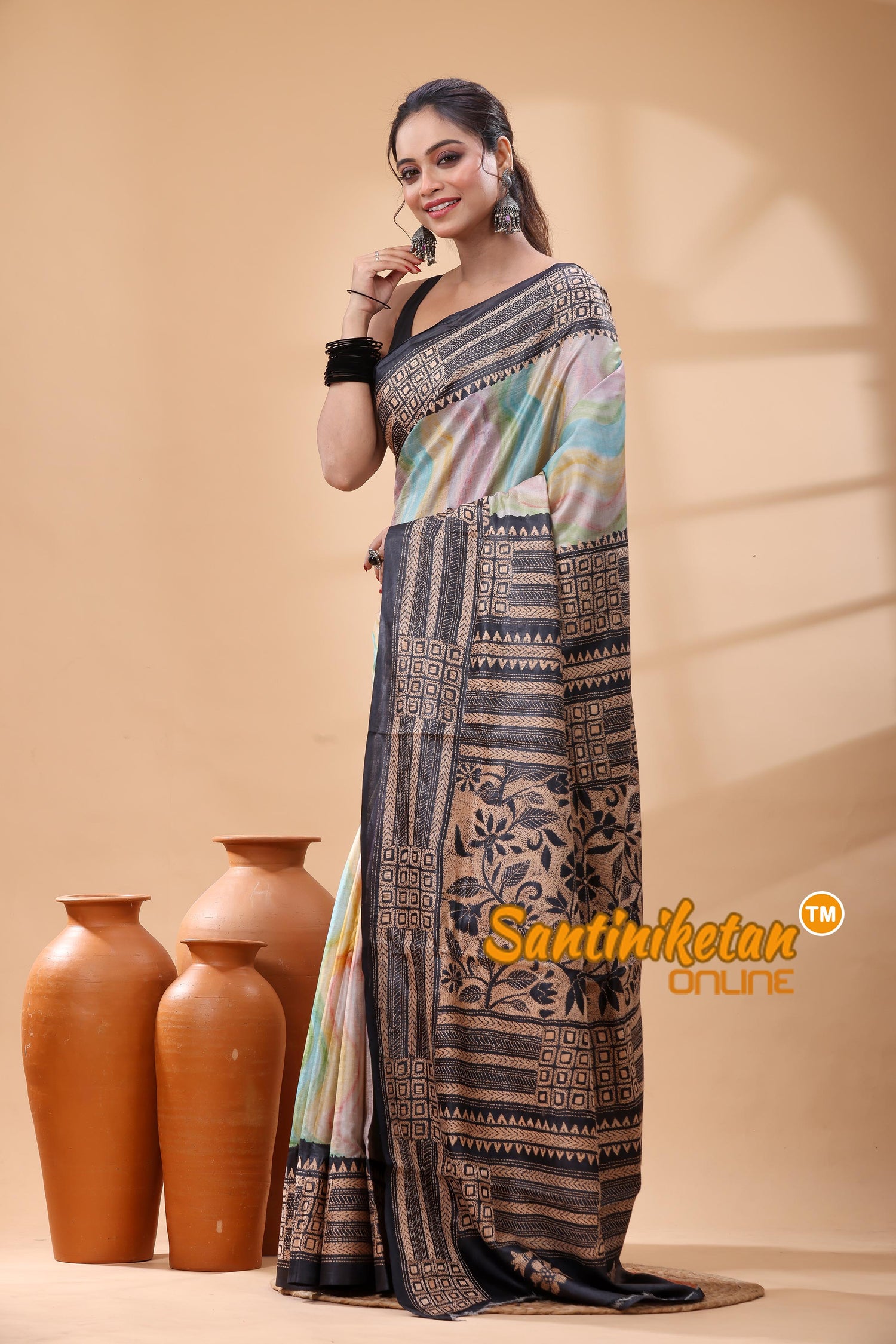 Pure Dye Tussar Silk Kantha Stitch Saree