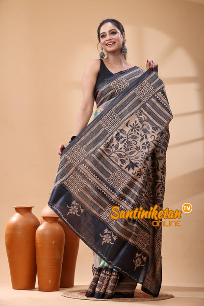 Pure Dye Tussar Silk Kantha Stitch Saree