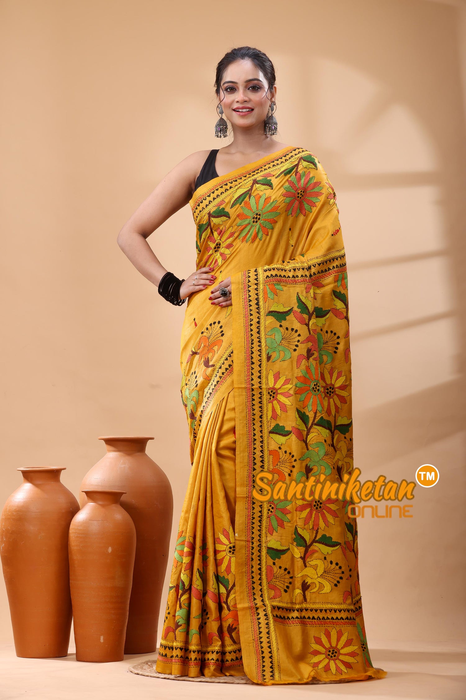 Pure Dye Tussar Silk Kantha Stitch Saree