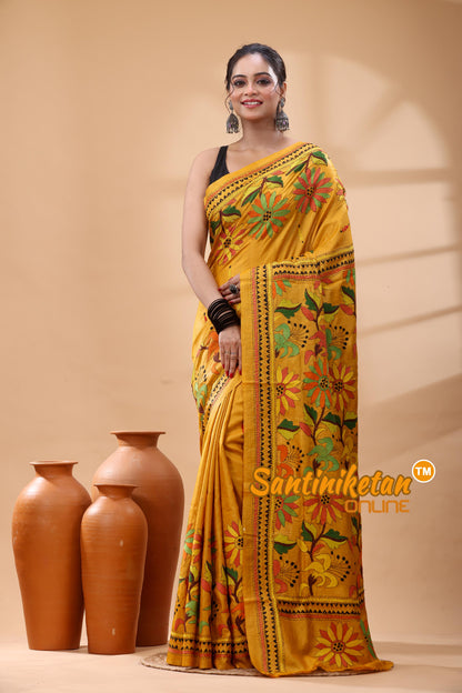 Pure Dye Tussar Silk Kantha Stitch Saree