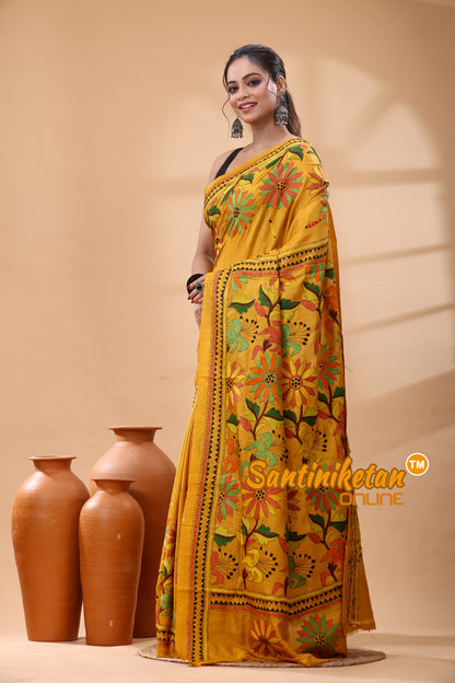 Pure Dye Tussar Silk Kantha Stitch Saree