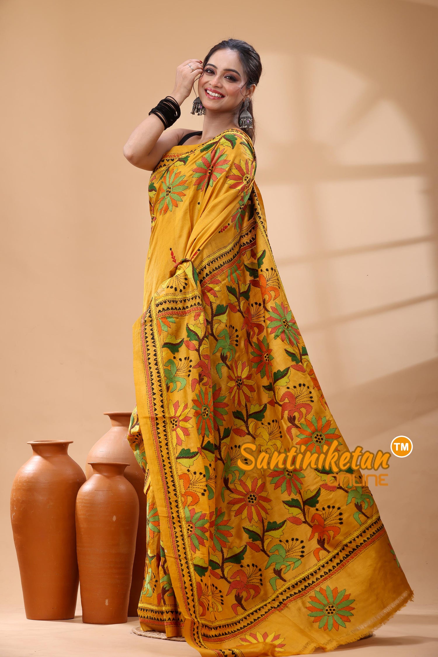 Pure Dye Tussar Silk Kantha Stitch Saree