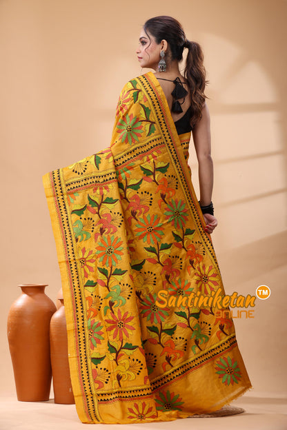 Pure Dye Tussar Silk Kantha Stitch Saree