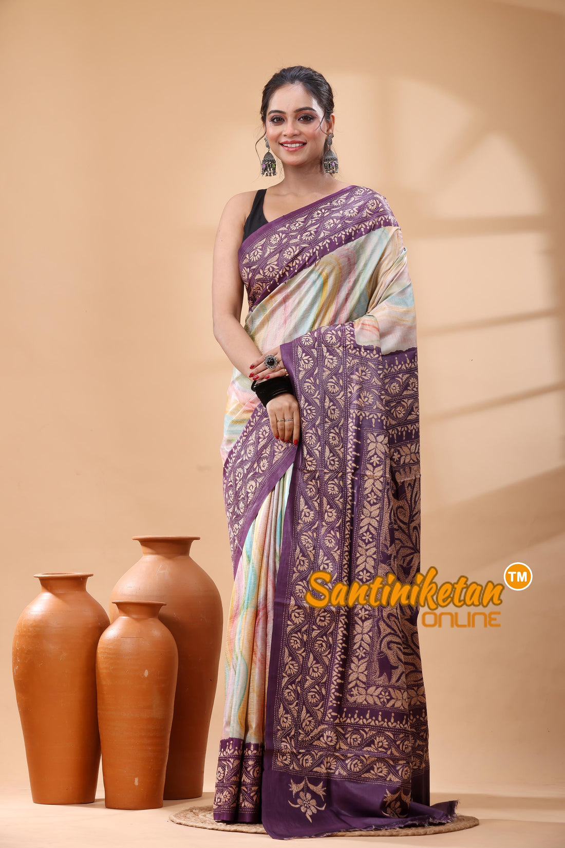 Pure Dye Tussar Silk Kantha Stitch Saree