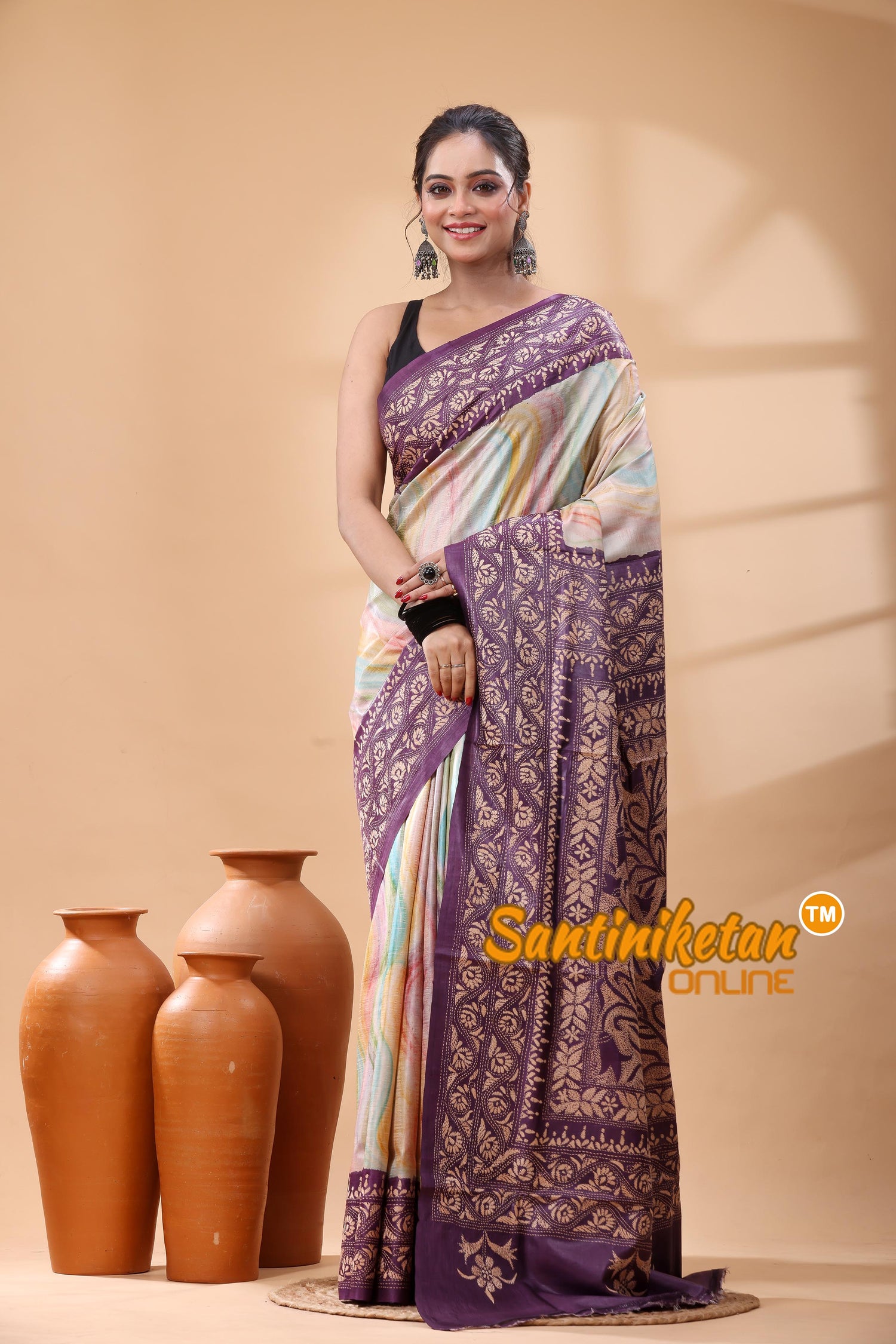 Pure Dye Tussar Silk Kantha Stitch Saree