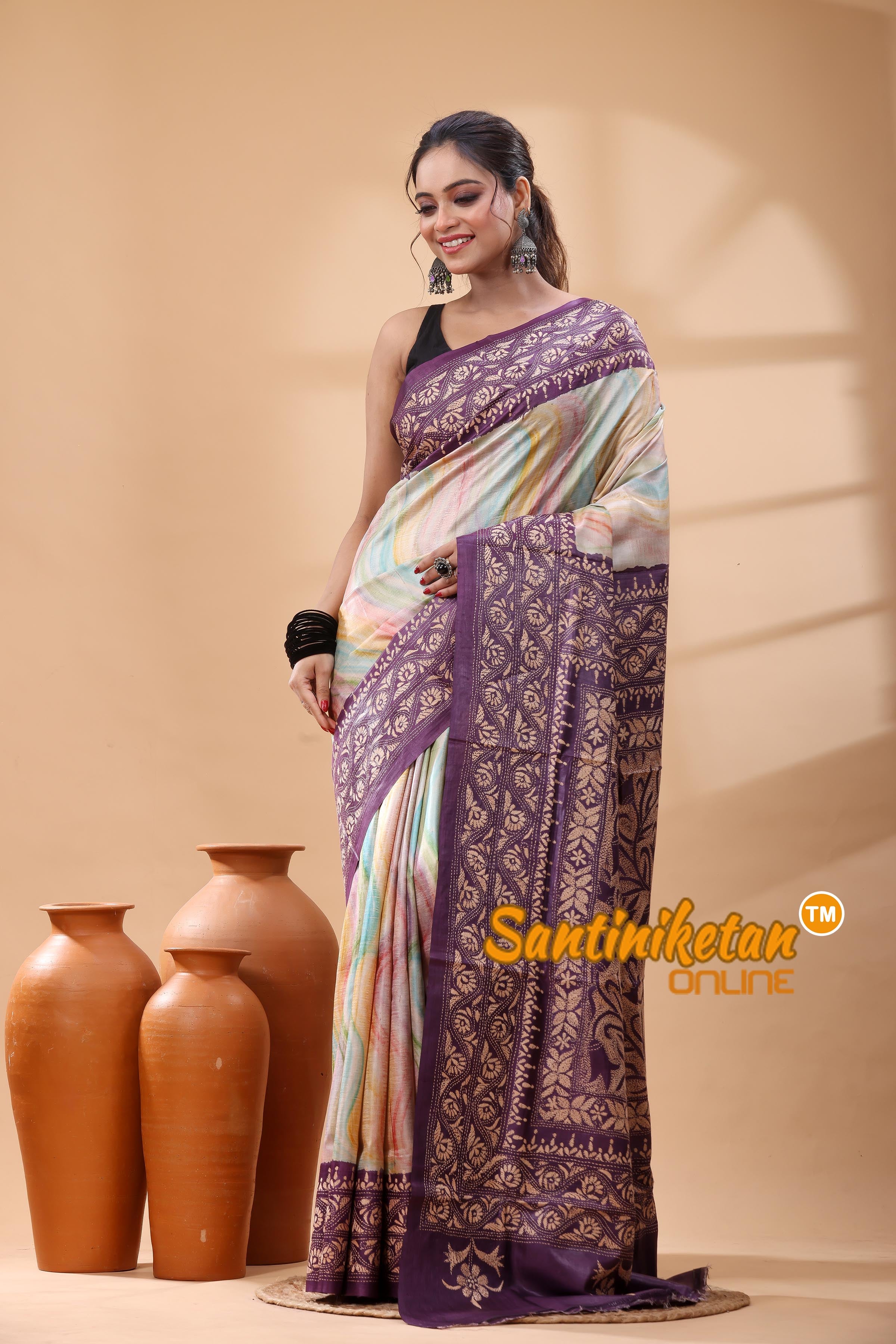 Pure Dye Tussar Silk Kantha Stitch Saree