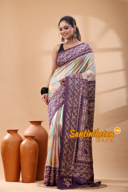Pure Dye Tussar Silk Kantha Stitch Saree