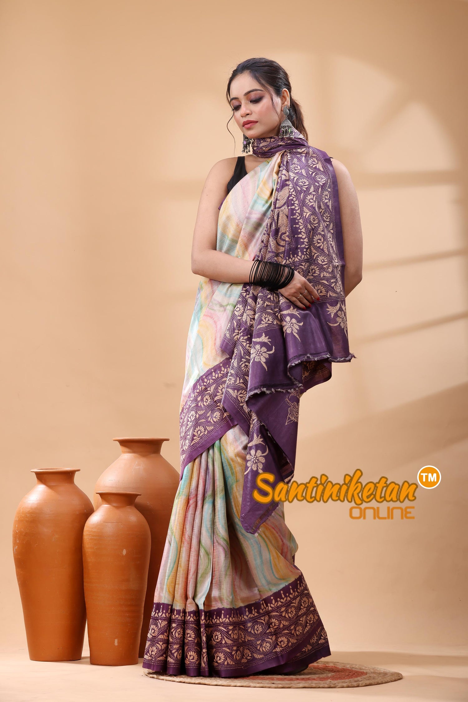 Pure Dye Tussar Silk Kantha Stitch Saree