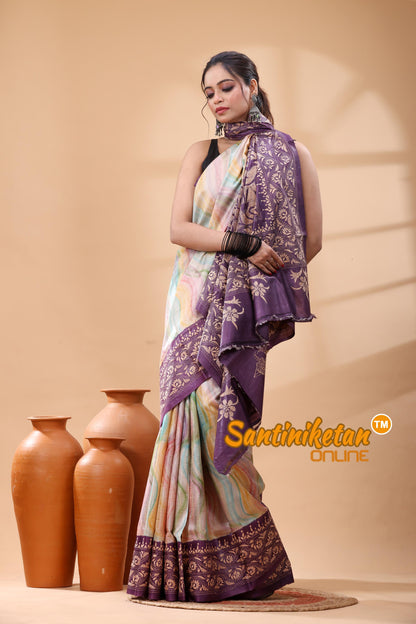 Pure Dye Tussar Silk Kantha Stitch Saree