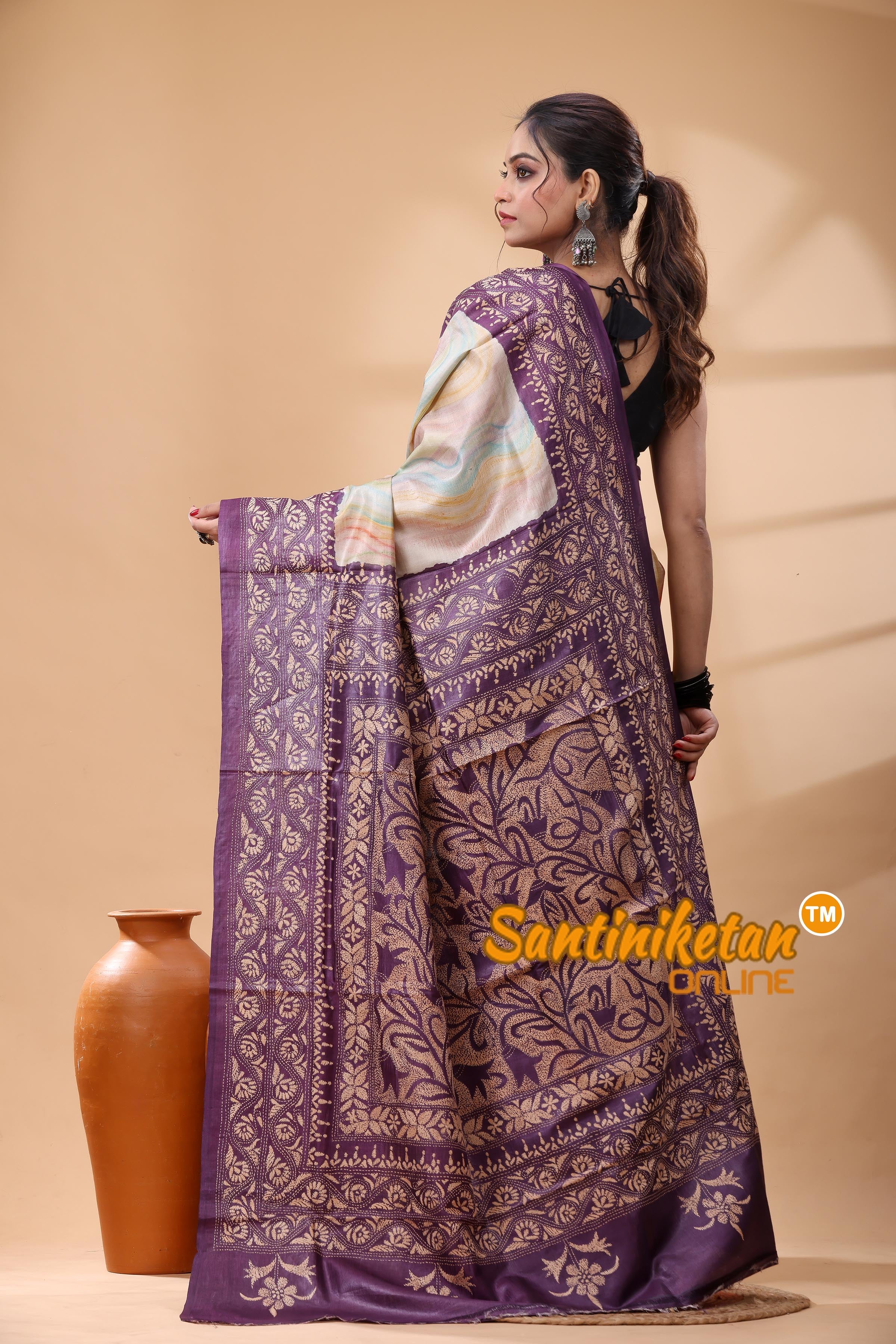 Pure Dye Tussar Silk Kantha Stitch Saree