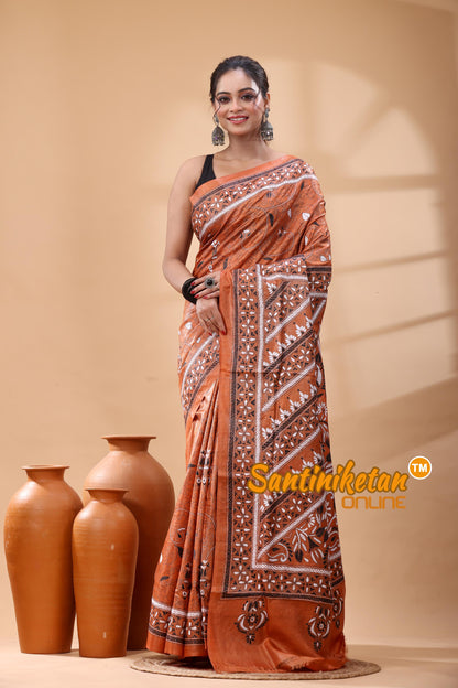 Pure Dye Tussar Silk Kantha Stitch Saree