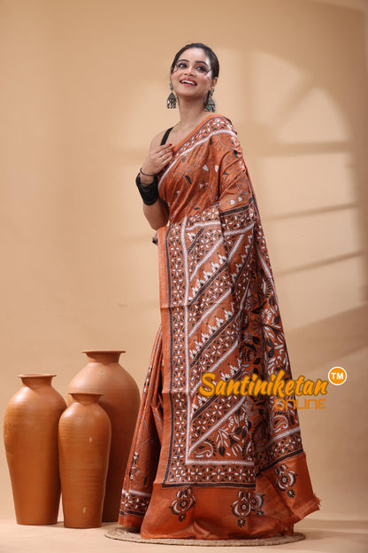 Pure Dye Tussar Silk Kantha Stitch Saree