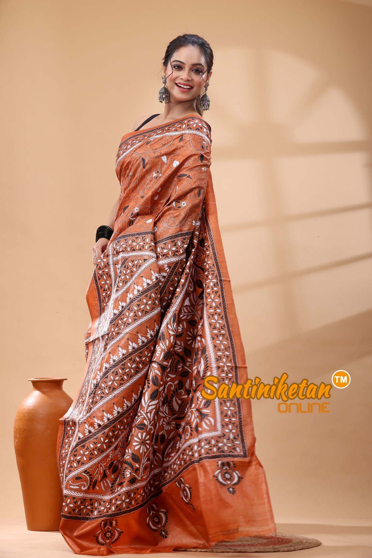 Pure Dye Tussar Silk Kantha Stitch Saree