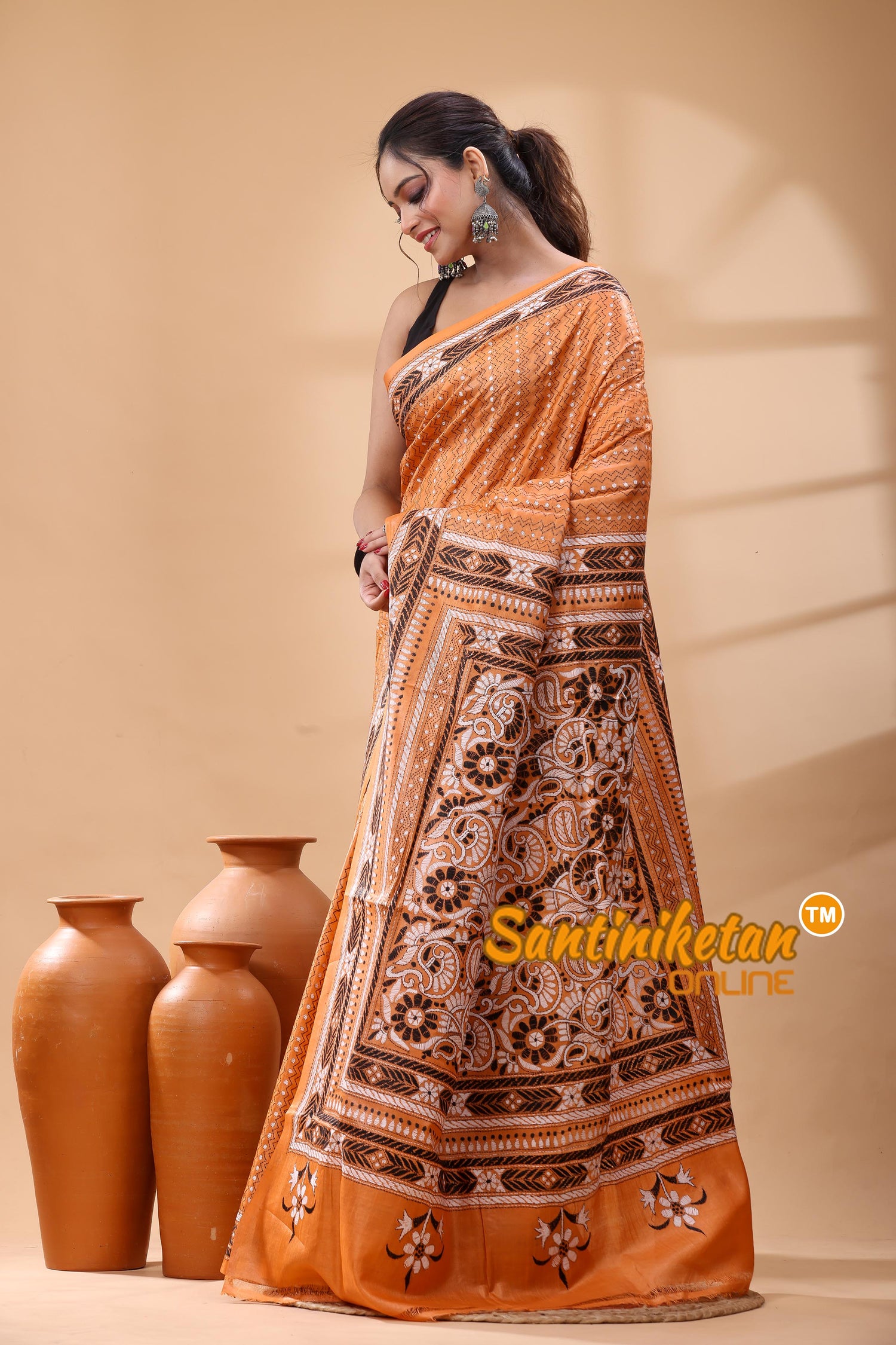 Pure Dye Tussar Silk Kantha Stitch Saree