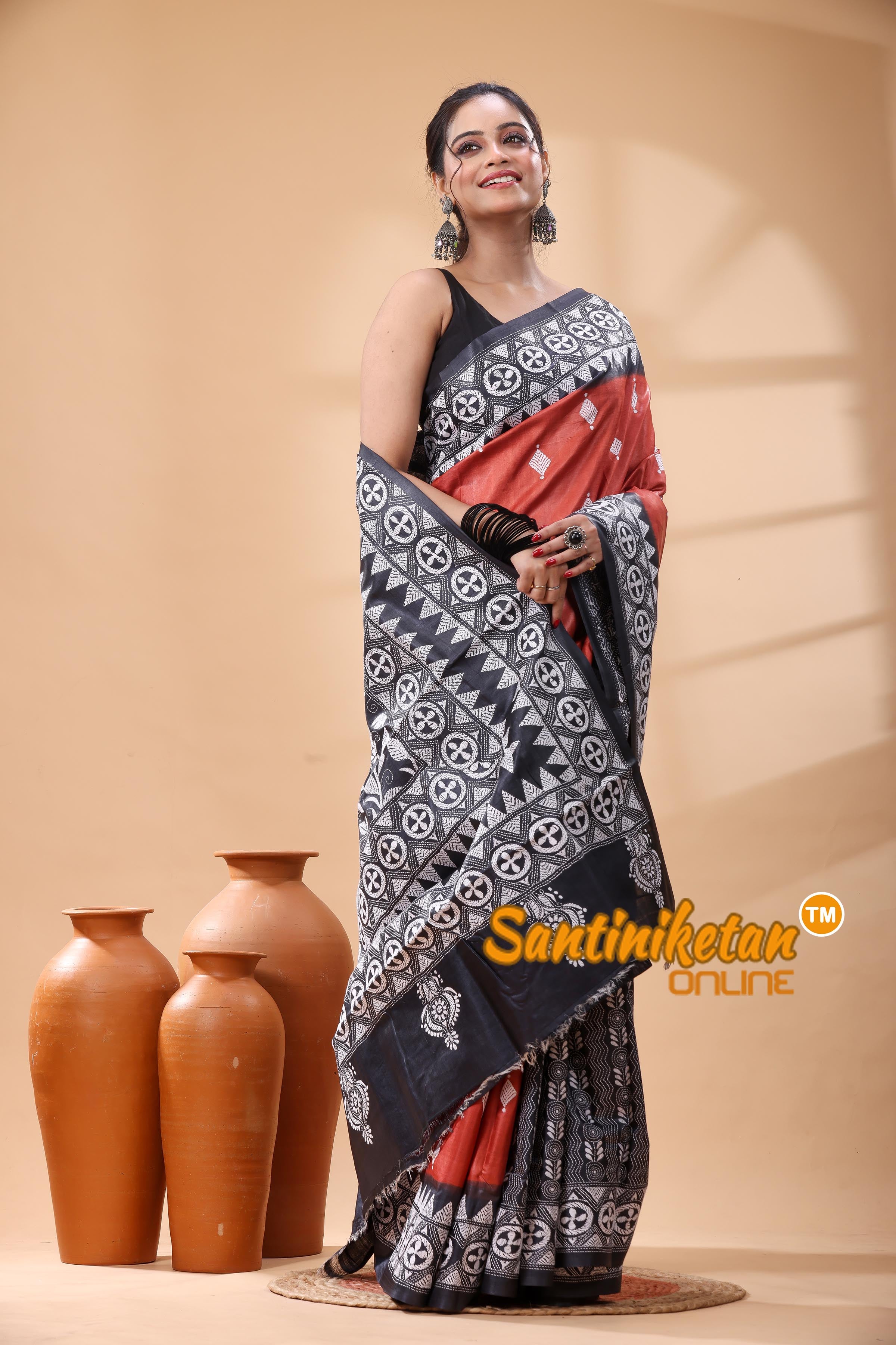 Pure Dye Tussar Silk Kantha Stitch Saree