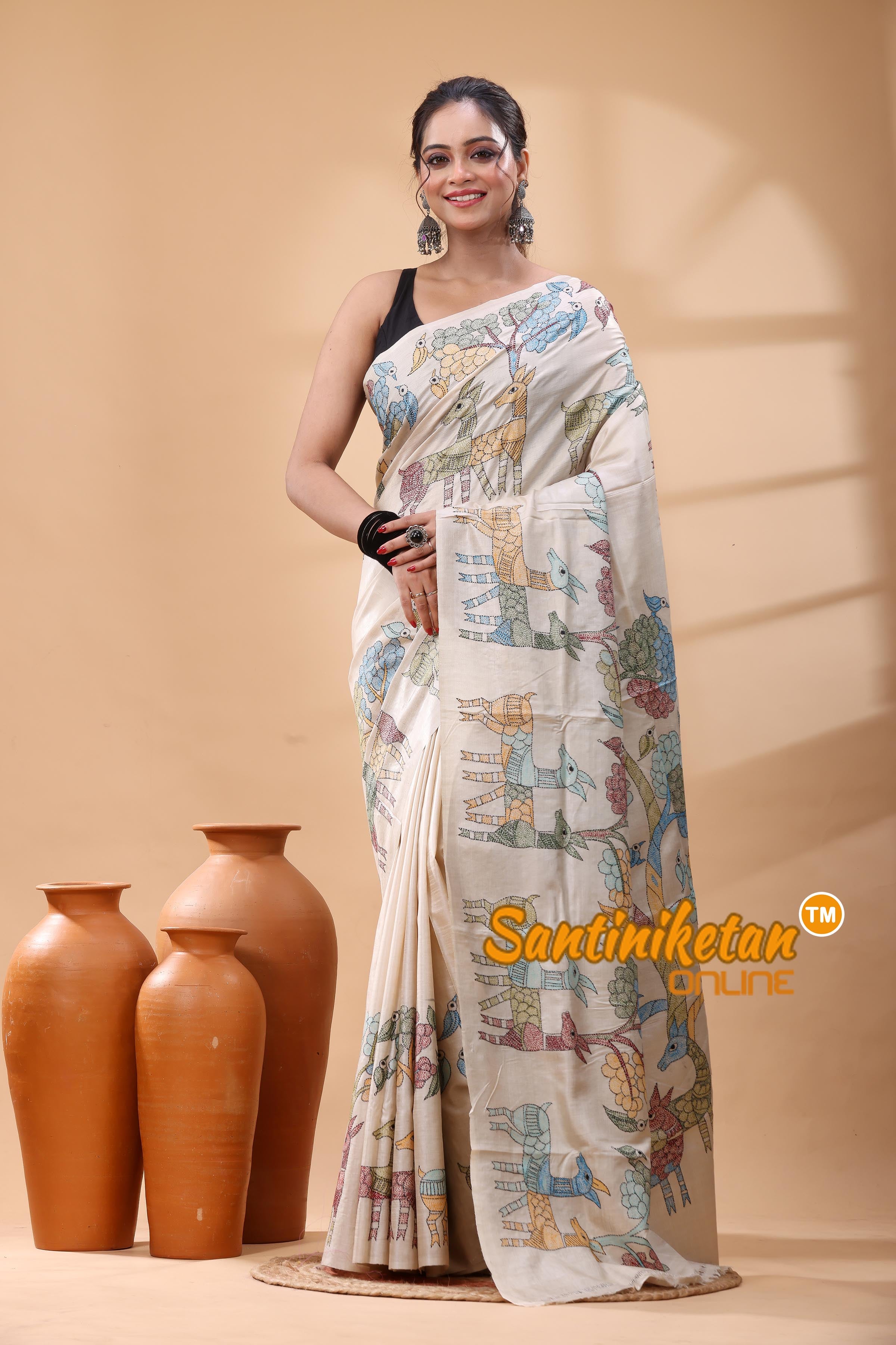 Pure Gachi Tussar Silk Kantha Stitch Saree